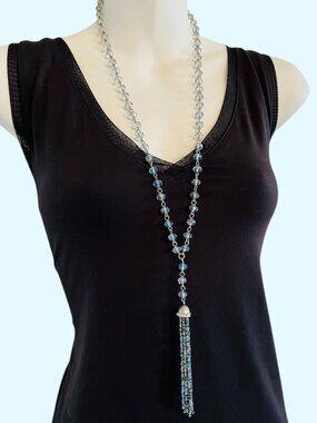Blue and Gray Aurora Borealis Long Beaded Tassel Necklace & Earrings Jewelry Set